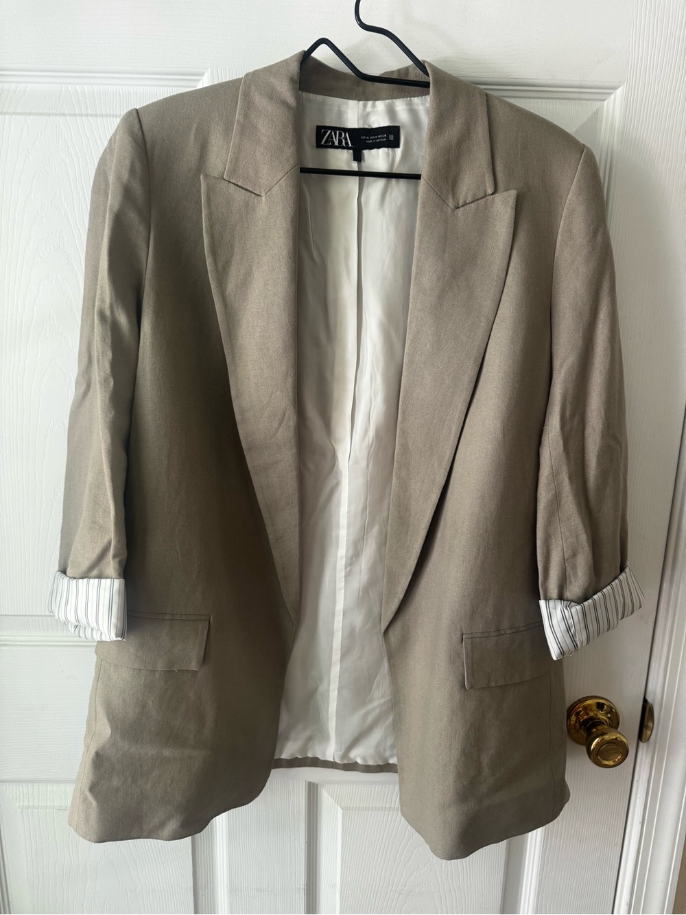 ZARA Beige Linen Blend Blazer Rolled Striped Cuffs Size M